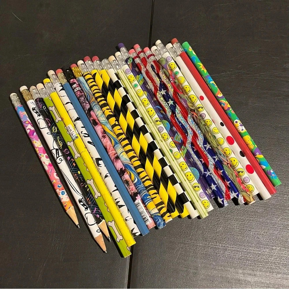 Other - Vintage Printed Pencils Lot Of 24 Wooden Pencil Lisa Frank Animals Flag Smiley